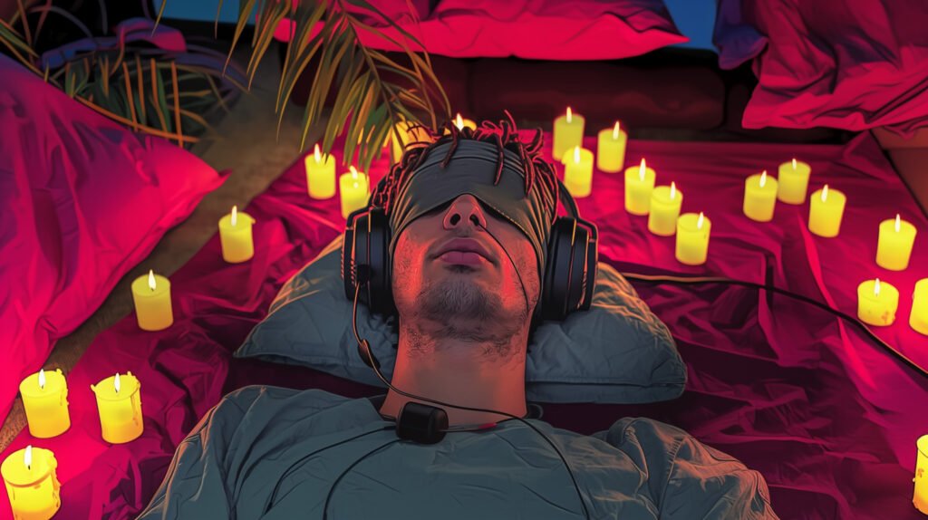 is cannabis psychedelic? -- man sits with blindfold after using cannabis surrounded by candlelights.